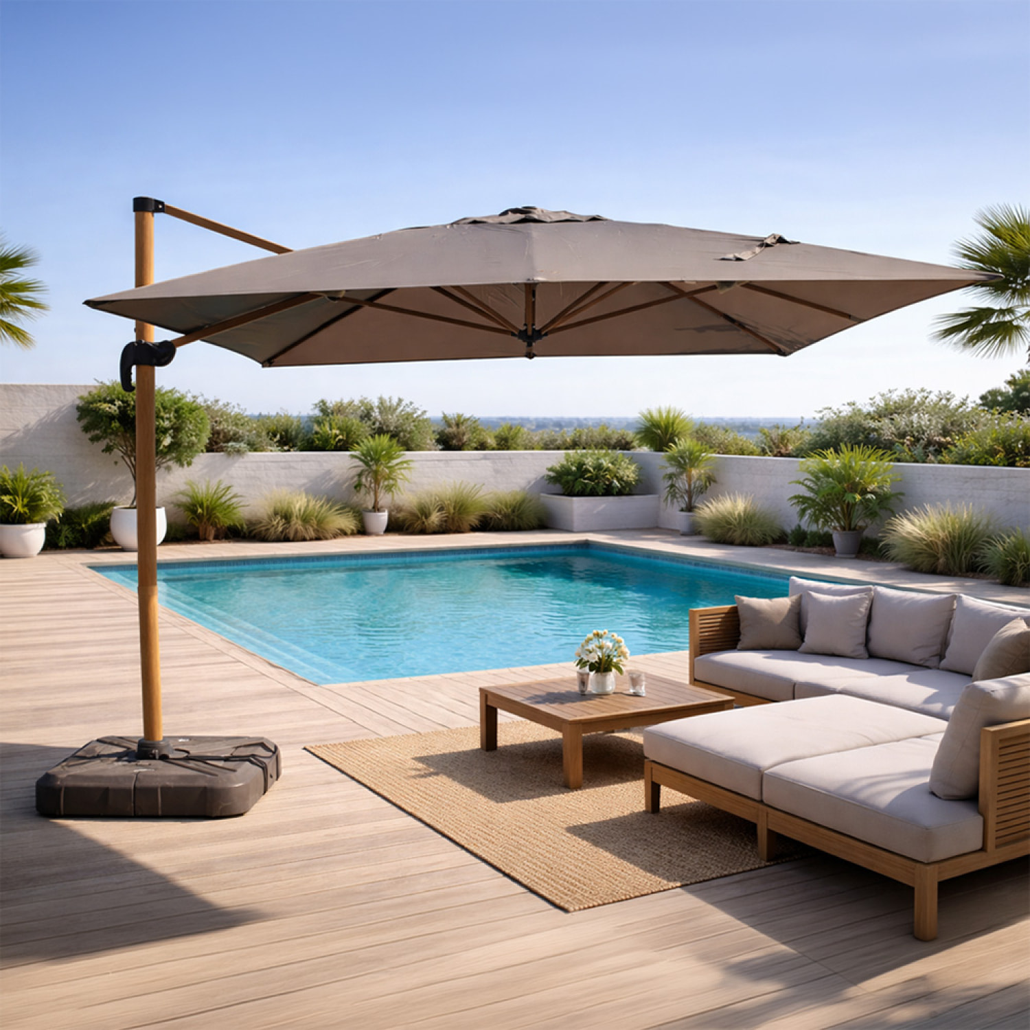 Parasol rectangulaire 3x4m déporté rotatif gris pied effet bois en aluminium NAVIA
