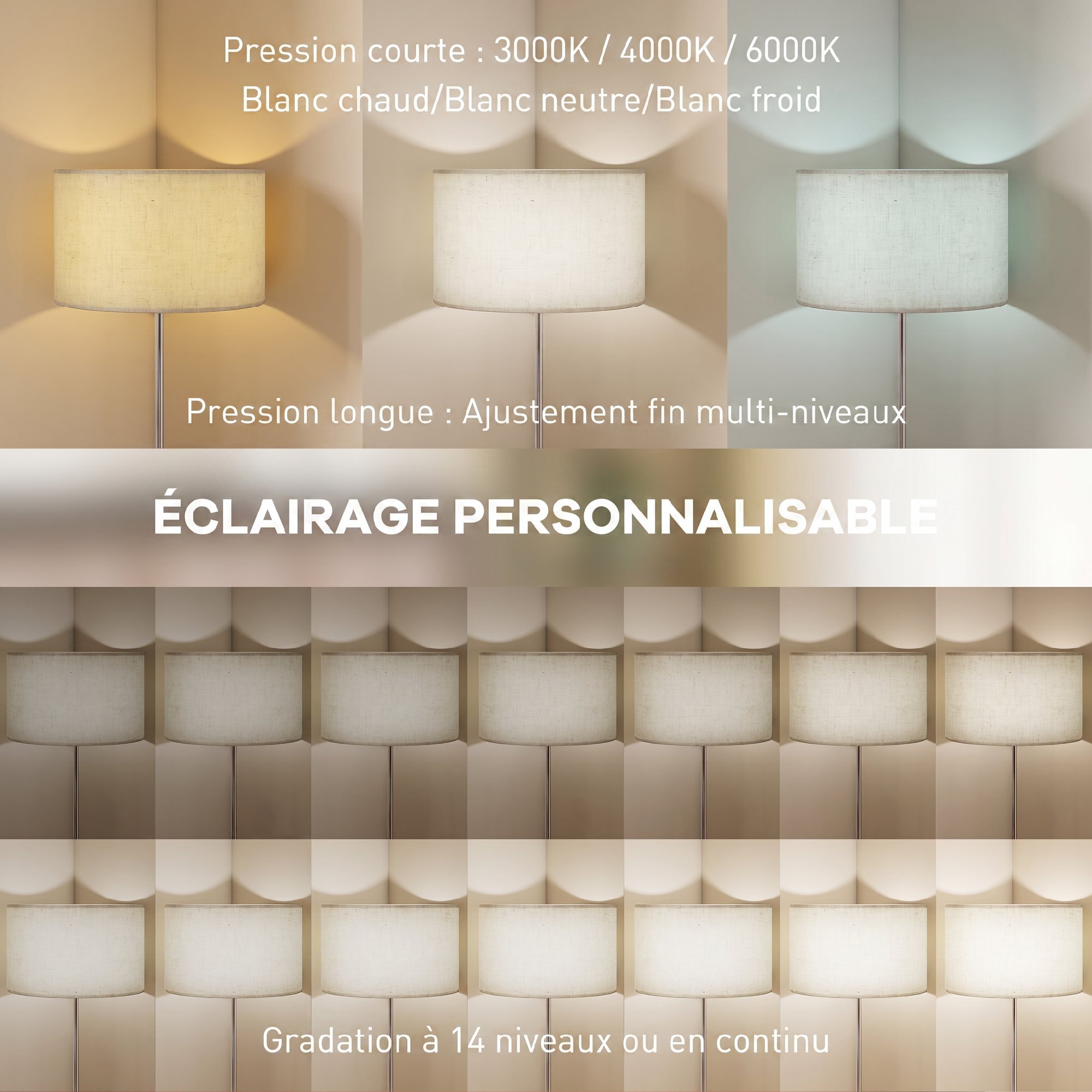 Lampadaire style néo-rétro abat jour lin beige H.133-168 cm réglable avec télécommande métal argenté