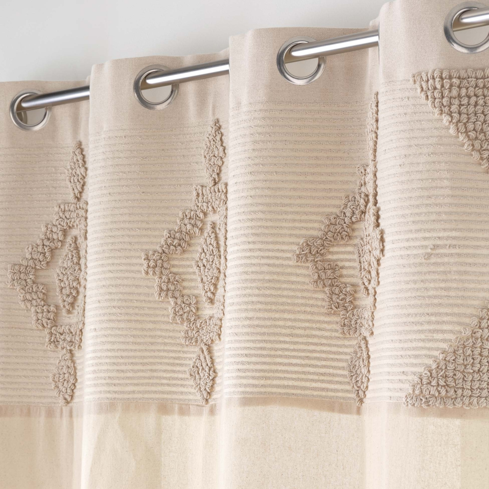 Rideau à œillets en poly-coton avec bande décorative - Naturel