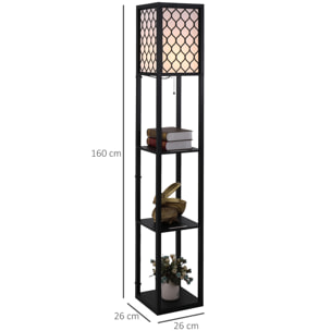 Lampadaire étagère lampe étagère 26L x 26l x 160H cm 3 étagères 4 niveaux MDF noir motif nid d'abeille