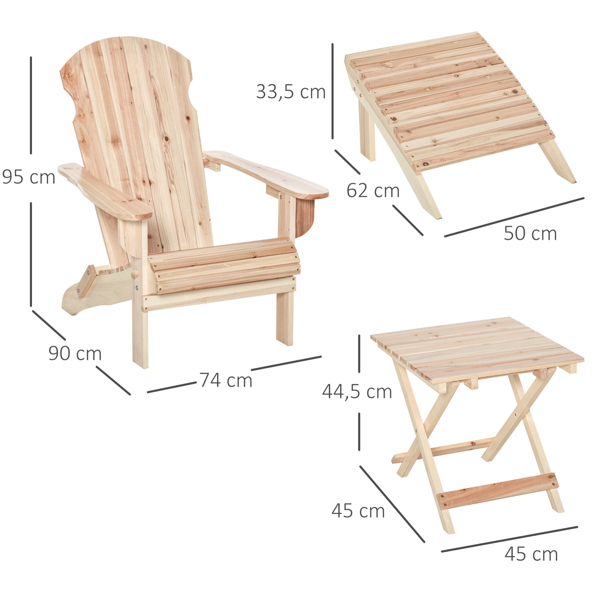 Fauteuil de jardin Adirondack pliable avec repose-pied et table basse bois sapin traité naturel