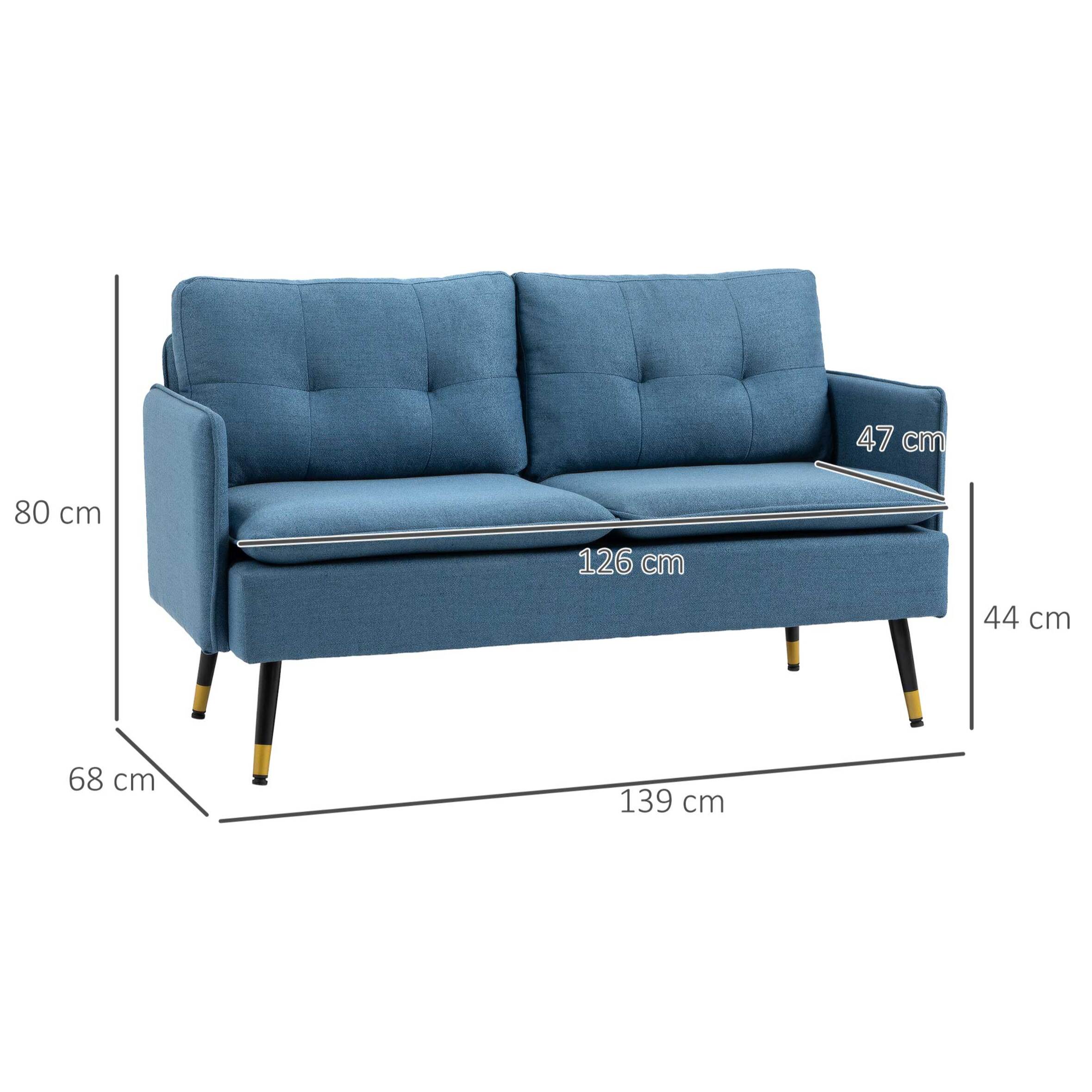 Sofá de 2 Plazas Tapizado en Lino Sofá de Salón con Cojines Reposabrazos y Patas de Acero para Dormitorio Oficina Carga 240 kg 139x68x80 cm Azul