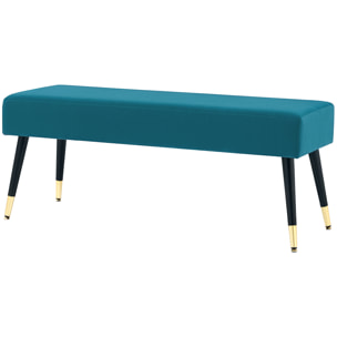 Banquette style Art déco piètement incliné effilé métal noir doré velours bleu canard
