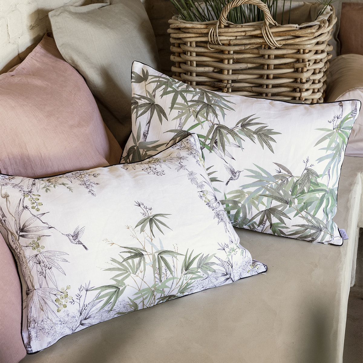 Housse de coussin imprimée en lin, EVEIL, Blanc