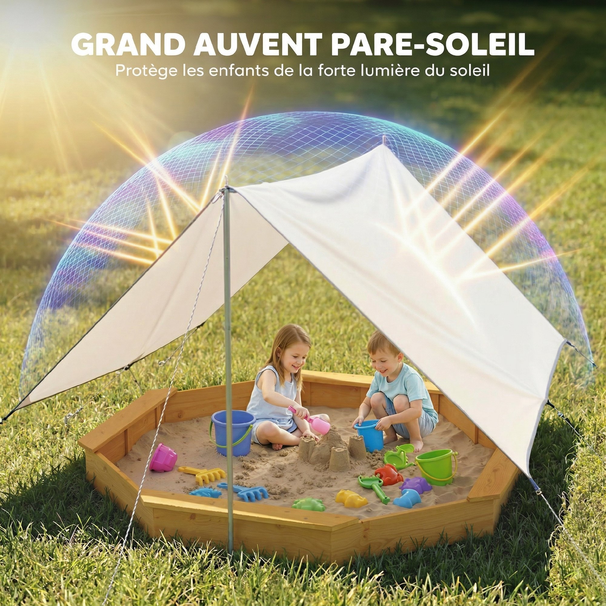 Bac à sable en bois avec auvent 4 bancs jaune