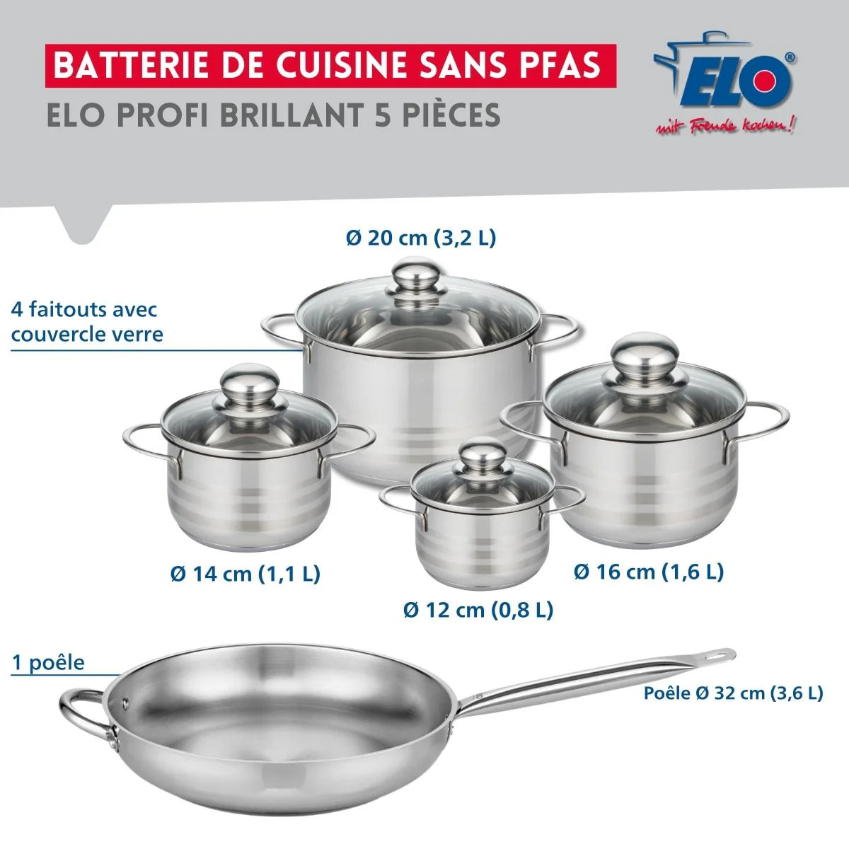 Ensemble de 1 Poêle de cuisson 32 cm et 4 faitouts 12, 14, 16 et 20 cm Elo Profi Brillant
