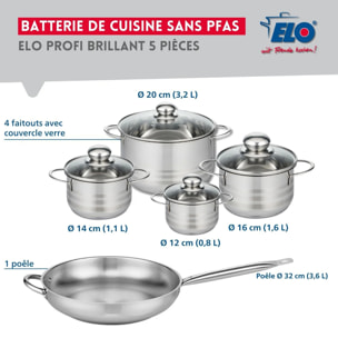 Ensemble de 1 Poêle de cuisson 32 cm et 4 faitouts 12, 14, 16 et 20 cm Elo Profi Brillant