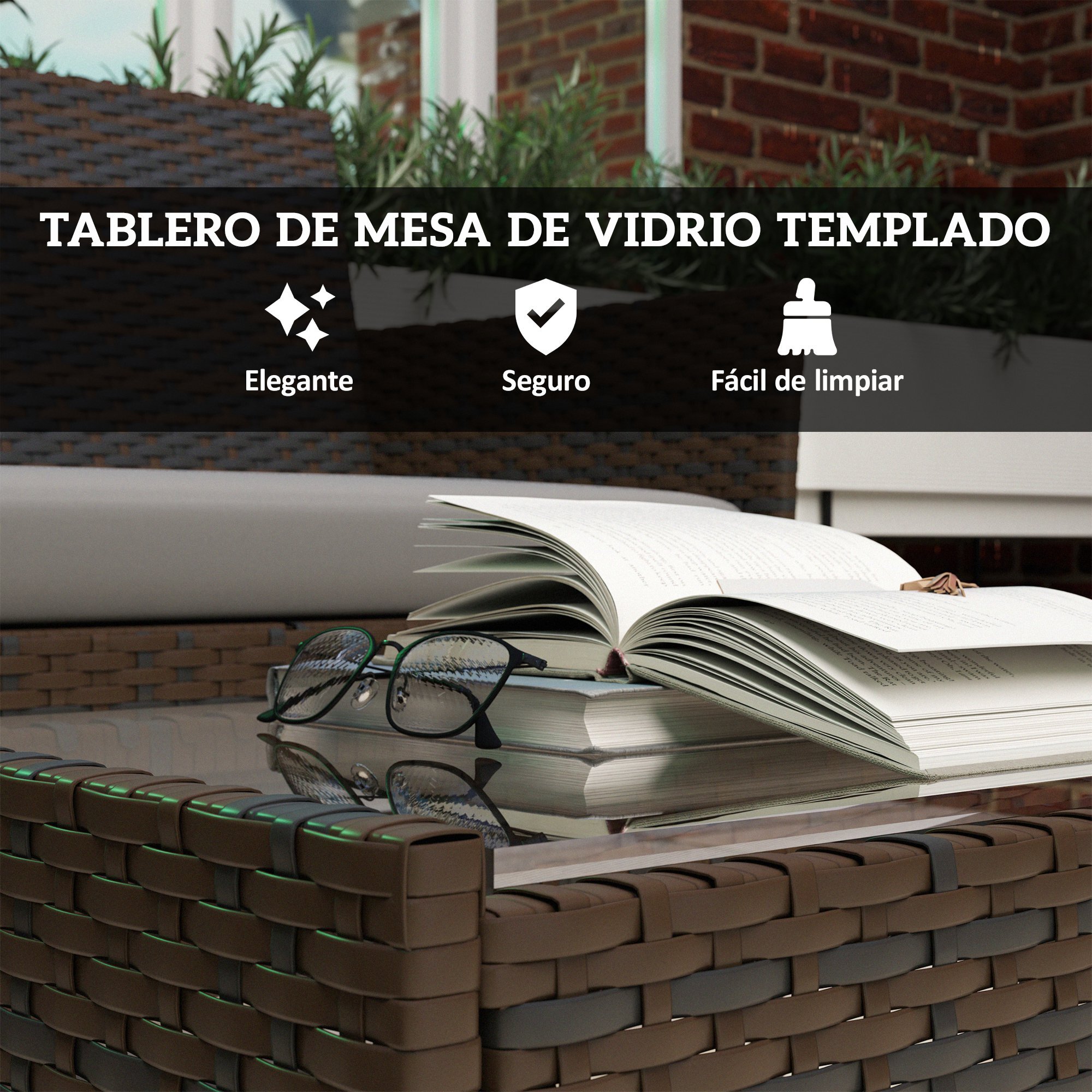 Conjunto Jardín Exterior de Ratán con Cojines Conjunto Terraza Resistente a la Intemperie Muebles Jardín Exterior con 2 Sillones Sofá de 2 Plazas Mesa con Cristal Marrón y Gris