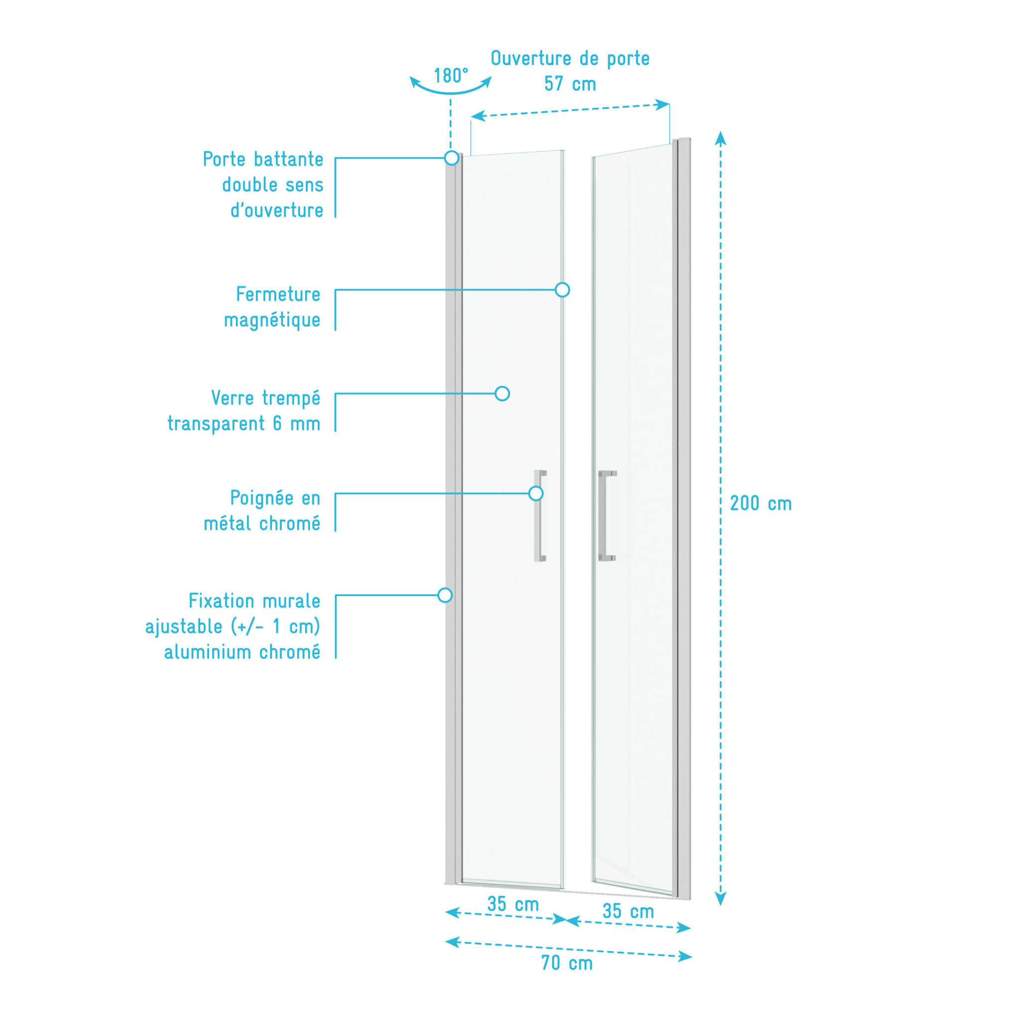 Porte de Douche Double Battant 70x200cm - Verre Trempé Transparent 6mm - Profil Chromé