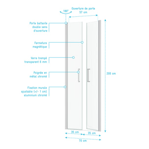 Porte de Douche Double Battant 70x200cm - Verre Trempé Transparent 6mm - Profil Chromé