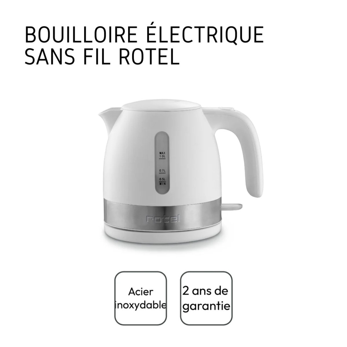 Bouilloire électrique plastique cerclée inox sans fil 1 litre Rotel