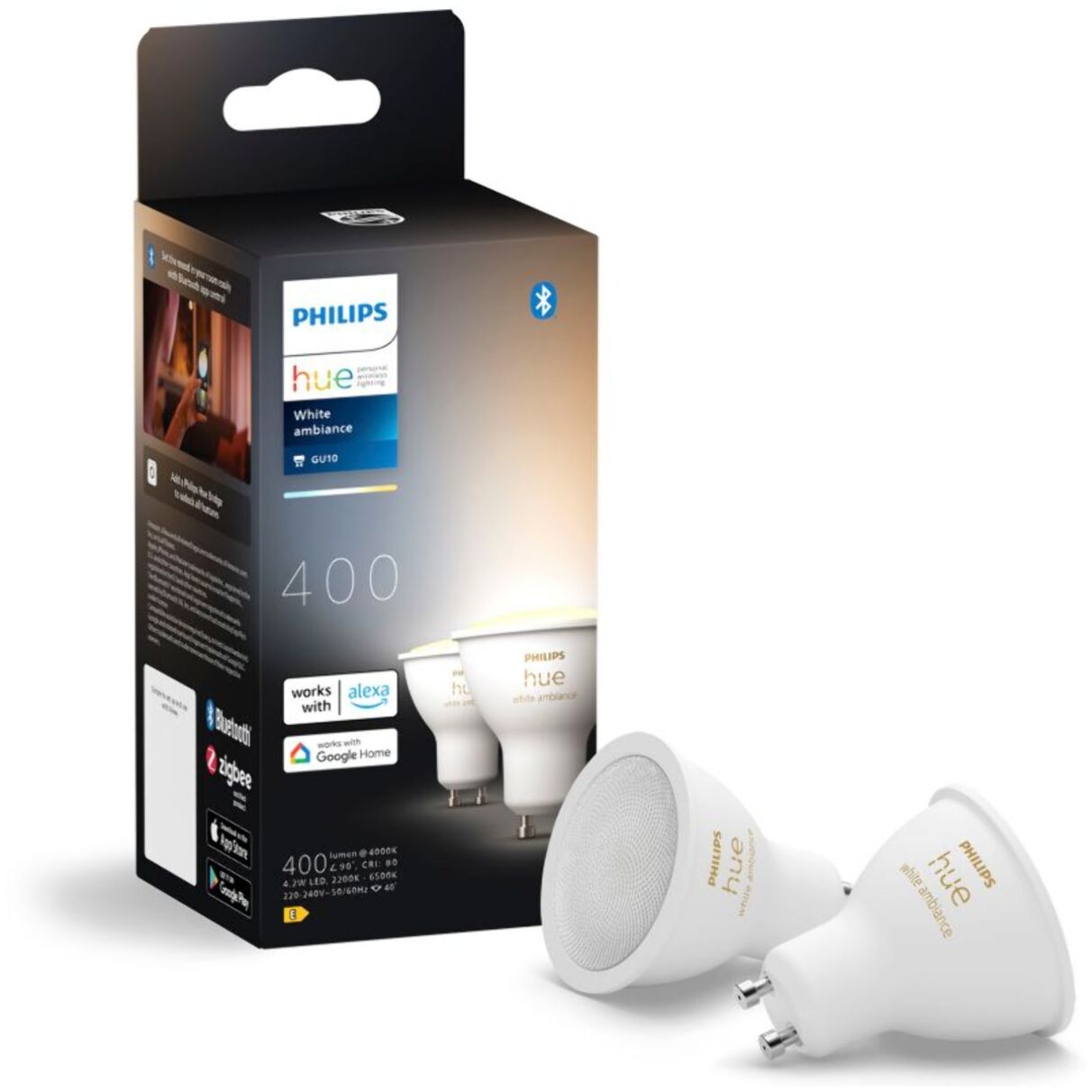 Ampoule LED connectée PHILIPS HUE GU10 White Ambiance pack de 2