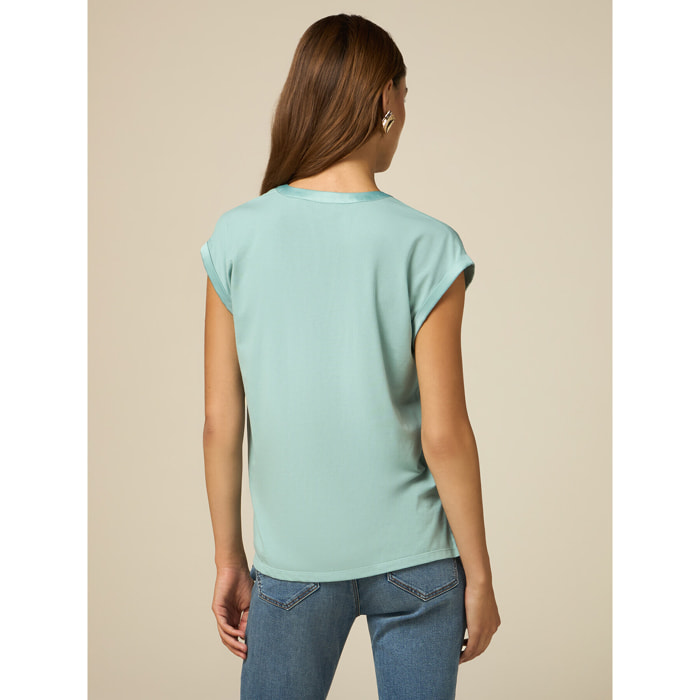Oltre - Camiseta bimateria con escote de pico - Green Water
