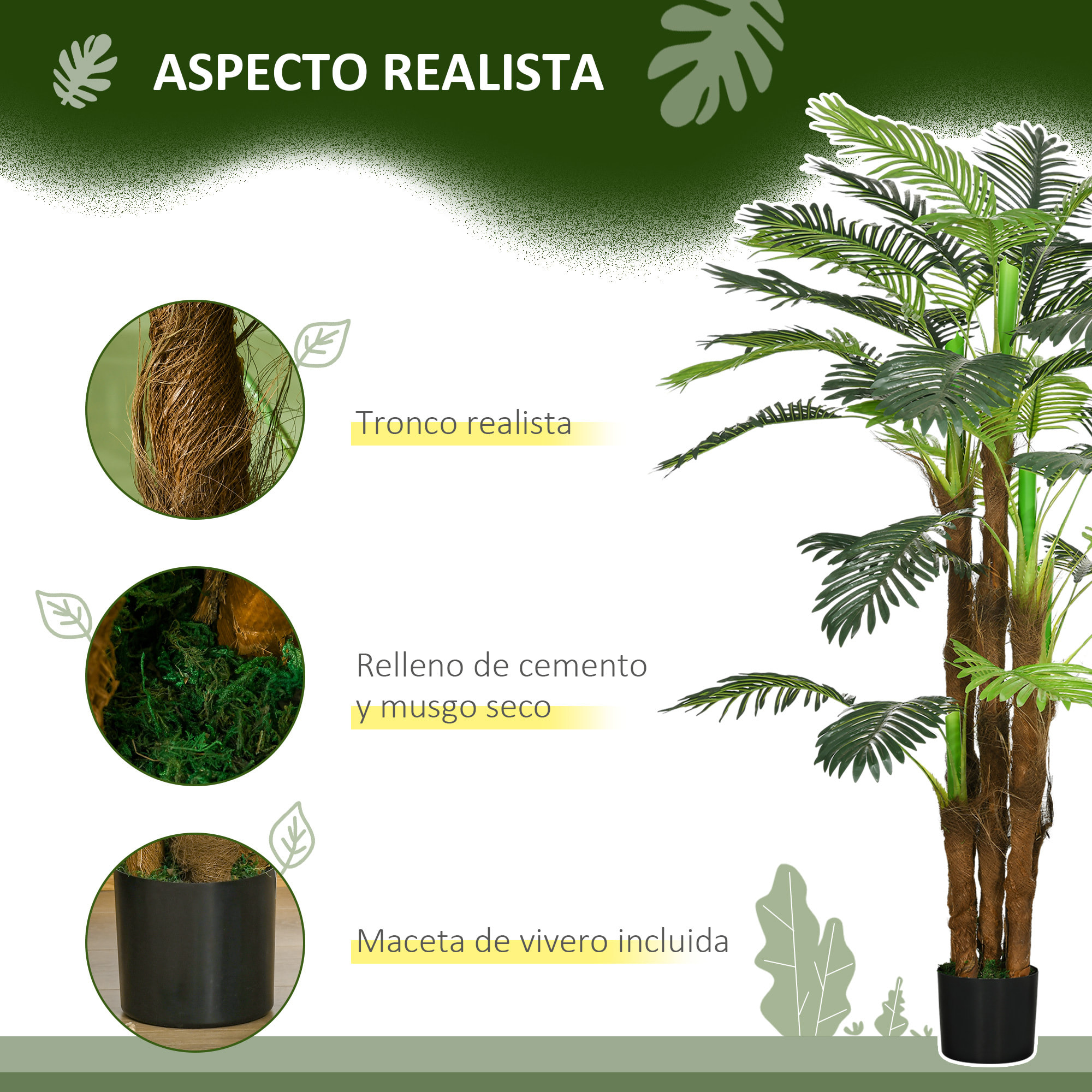 Planta Artificial Decorativa 160 cm Palmera Artificial con Maceta y Hojas para Interior Hogar Salón Oficina Verde
