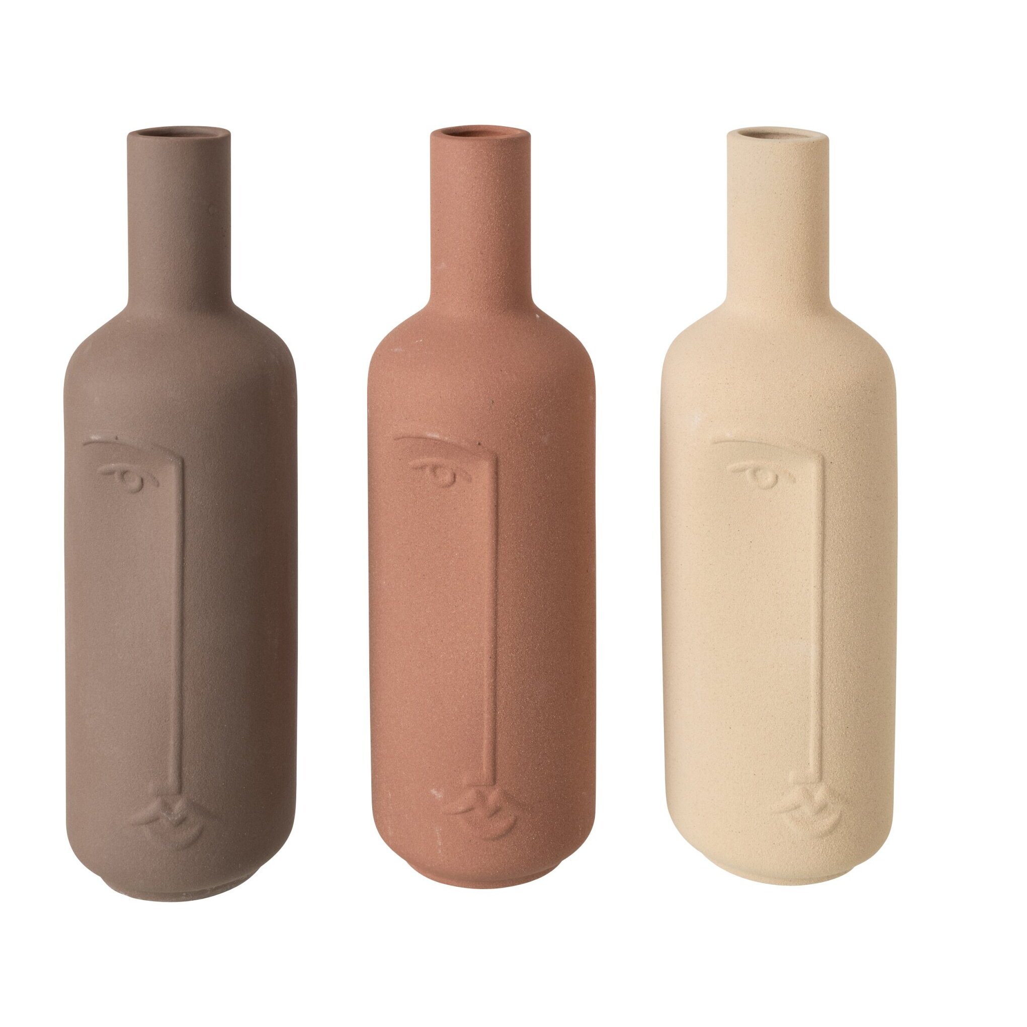 J-Line Vase bouteille visage - porcelaine - écru/marron - assortiment de 3