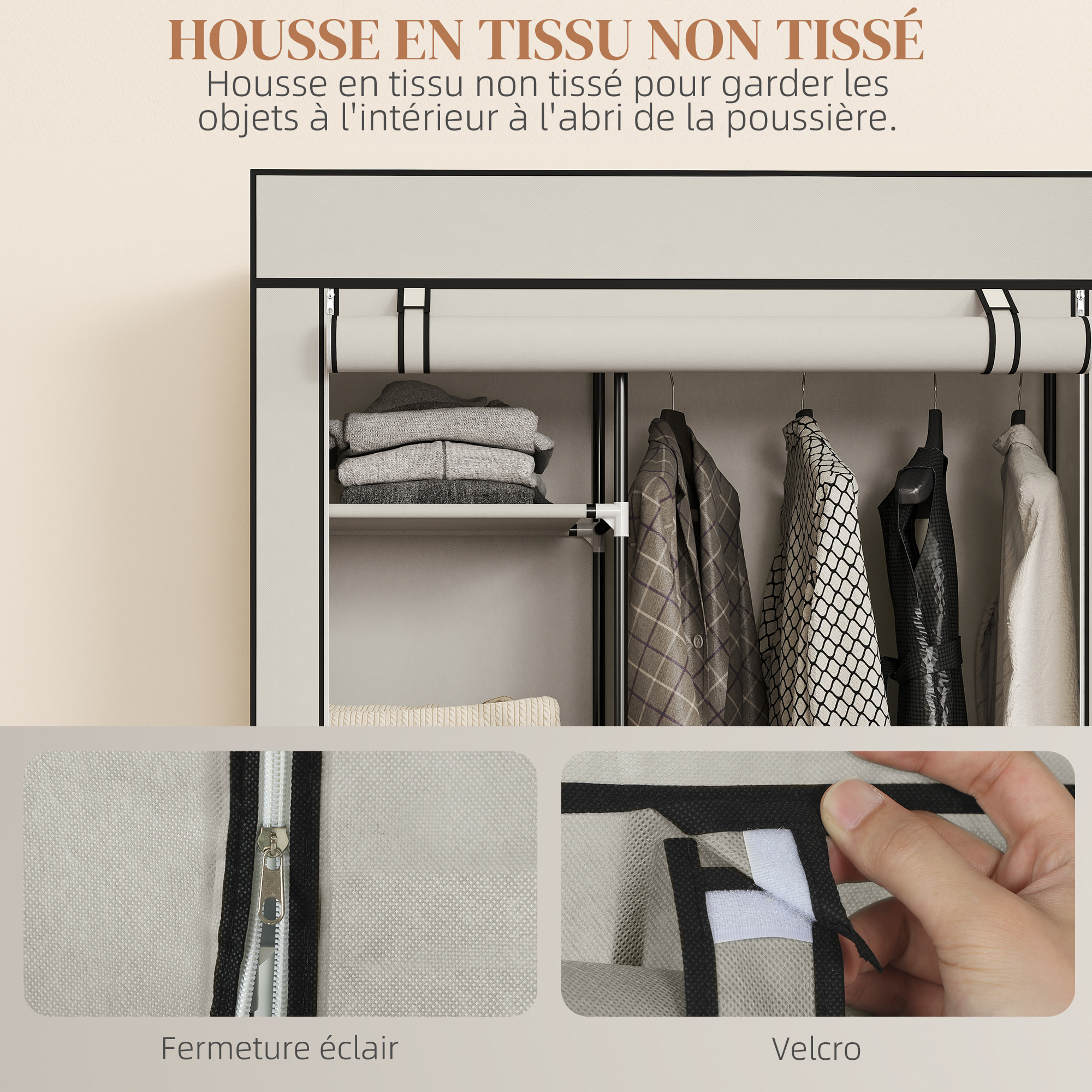 Armoire penderie multi-rangement - 6 étagères, 1 barre - dim. 103L x 43l x 162,5H cm - acier noir non tissé crème