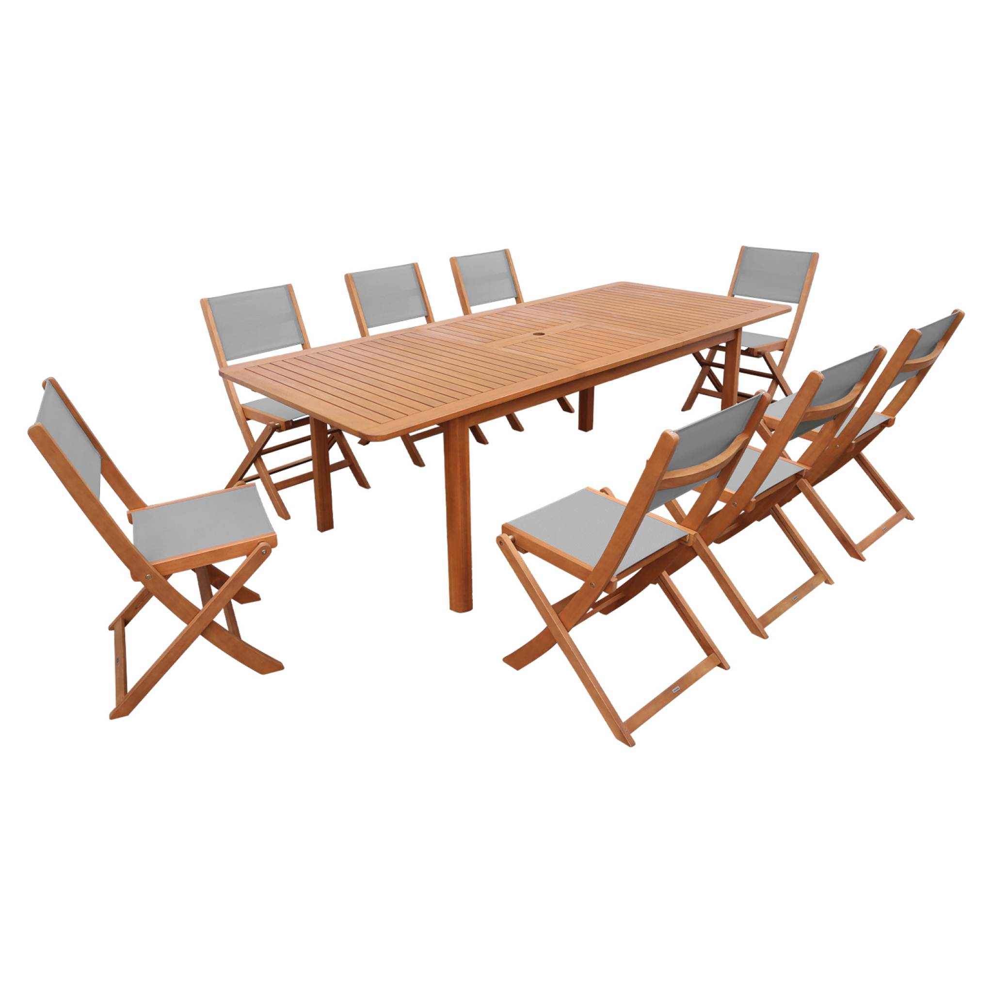 Table de jardin extensible bois d'eucalyptus + 8 assises ARBO + ALMERIA