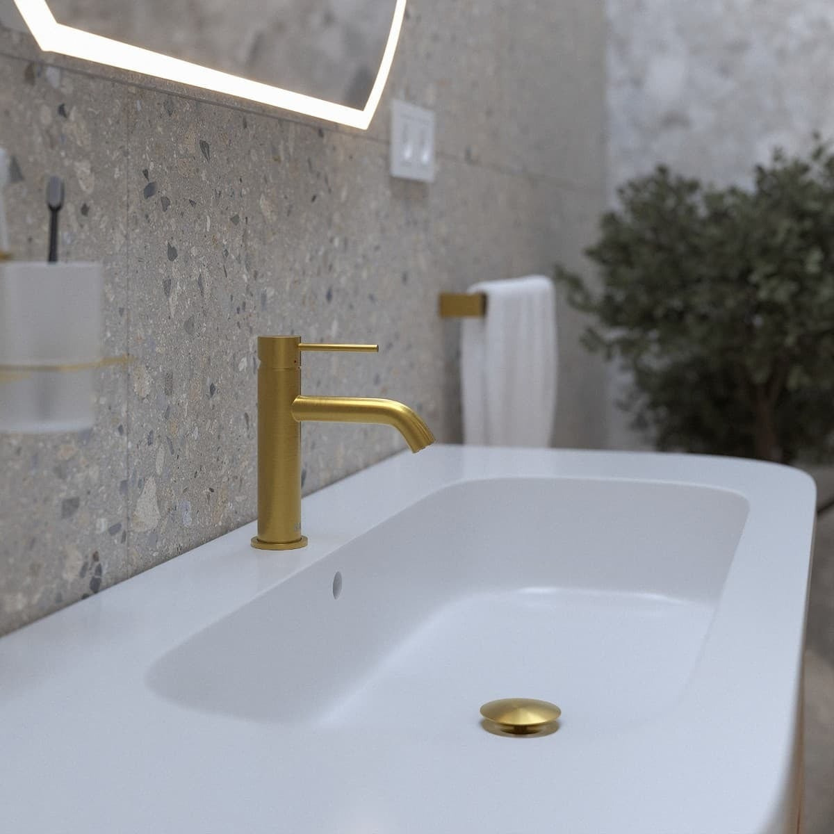 Aurum set mitigeur lavabo + mitigeur cuisine Ceramia Timeless acier inoxydable, douchette extractible, or brossé (SATTMLBA285BG)
