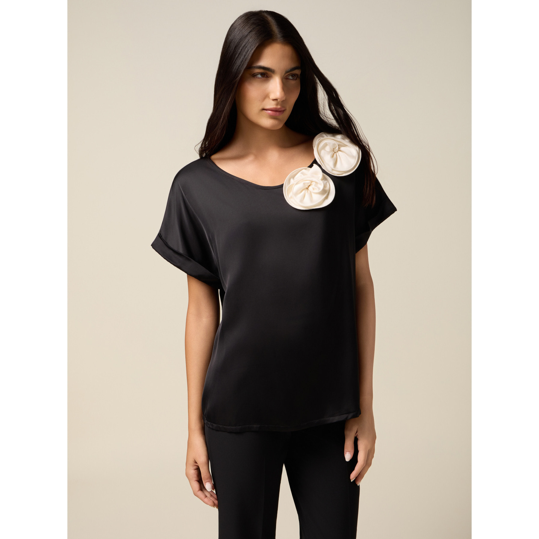 Oltre - T-shirt bimaterica con applicazioni - Nero