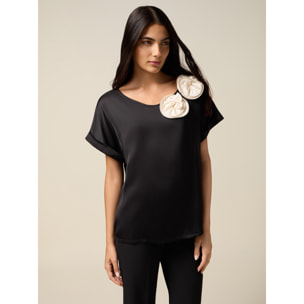 Oltre - T-shirt bimaterica con applicazioni - Nero