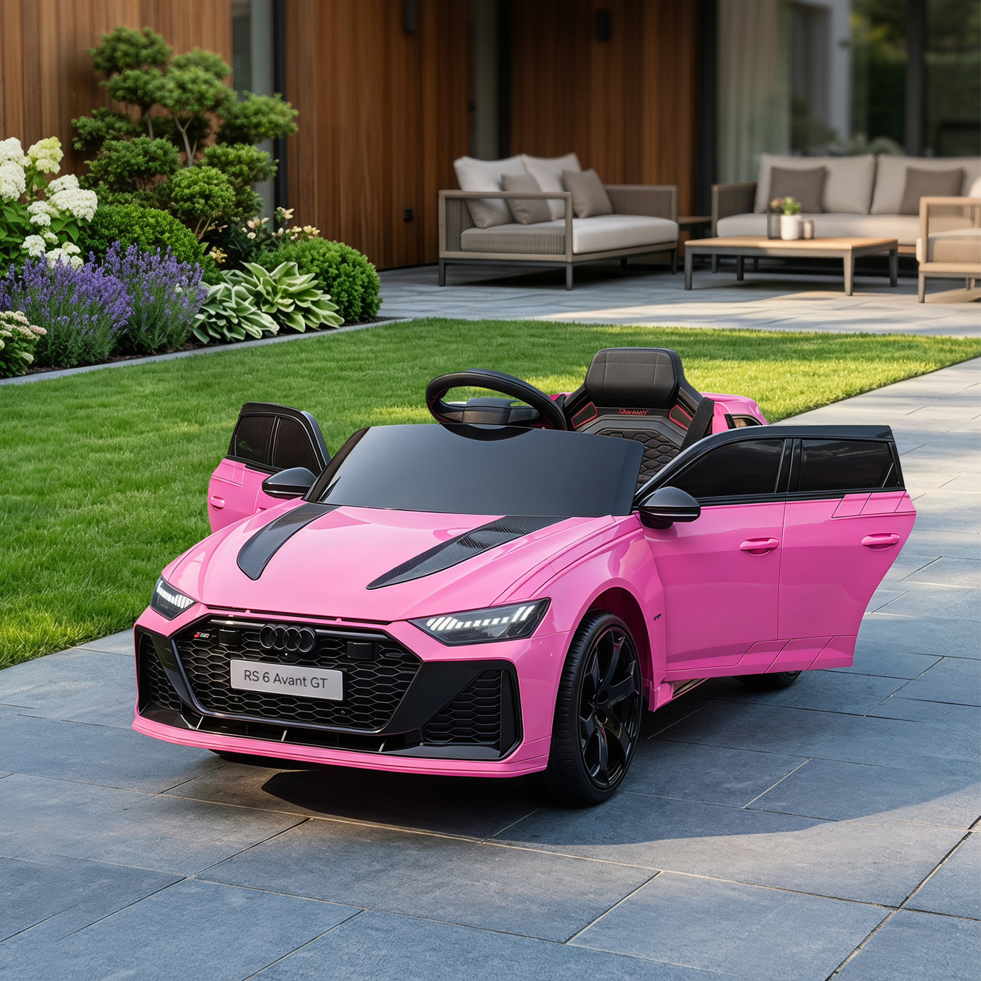 AIYAPLAY Coche Eléctrico para Niños Audi RS 6 Avant GT Coche de Batería 12V con Mando a Distancia 2,4 G Motor Doble Arranque Progresivo Suspensión MP3 Bocina y Faros LED 3-6 Años 3–5 km/h Rosa
