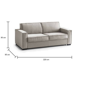 Divano letto 3 posti Asteroide, Sofà Soggiorno apertura girevole, Tessuto imbottito, Braccioli standard, 100% Made in Italy, Cm 220x95h90, Tortora