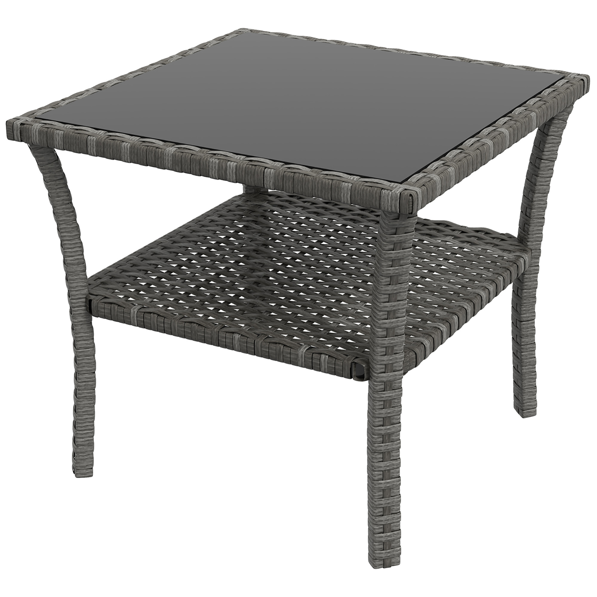 Mesa de Jardín de Ratán Sintético Cuadrada 50x50x45 cm Mesa Auxiliar con Estante Encimera de Vidrio y Marco de Acero Carga 30 kg para Terraza Patio Gris Degradado