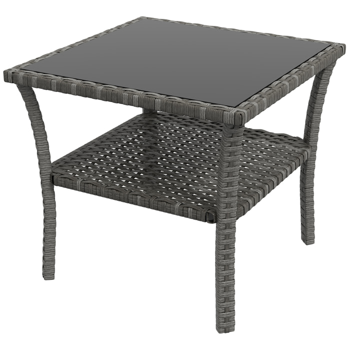 Mesa de Jardín de Ratán Sintético Cuadrada 50x50x45 cm Mesa Auxiliar con Estante Encimera de Vidrio y Marco de Acero Carga 30 kg para Terraza Patio Gris Degradado