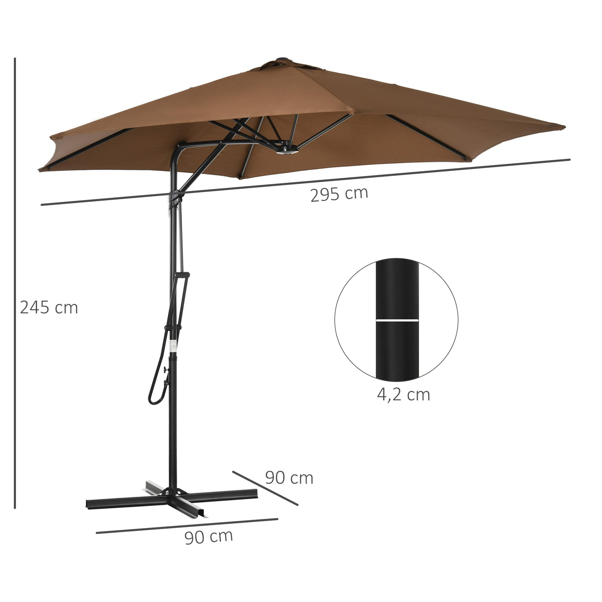 Sombrilla Voladizo de Jardín Ø295x245 cm Parasol Excéntrico Manivela Manual con 6 Varillas de Metal Ventilación y Base Cruzada para Patio Terraza Exterior Marrón