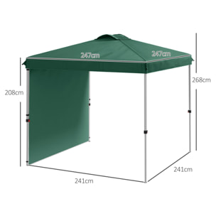 Carpa Plegable 2,5x2,5 m Cenador de Jardín con 1 Pared Lateral Altura Ajustable en 3 Niveles Anti-UV Impermeable y Bolsa de Arena para Camping Fiestas Verde