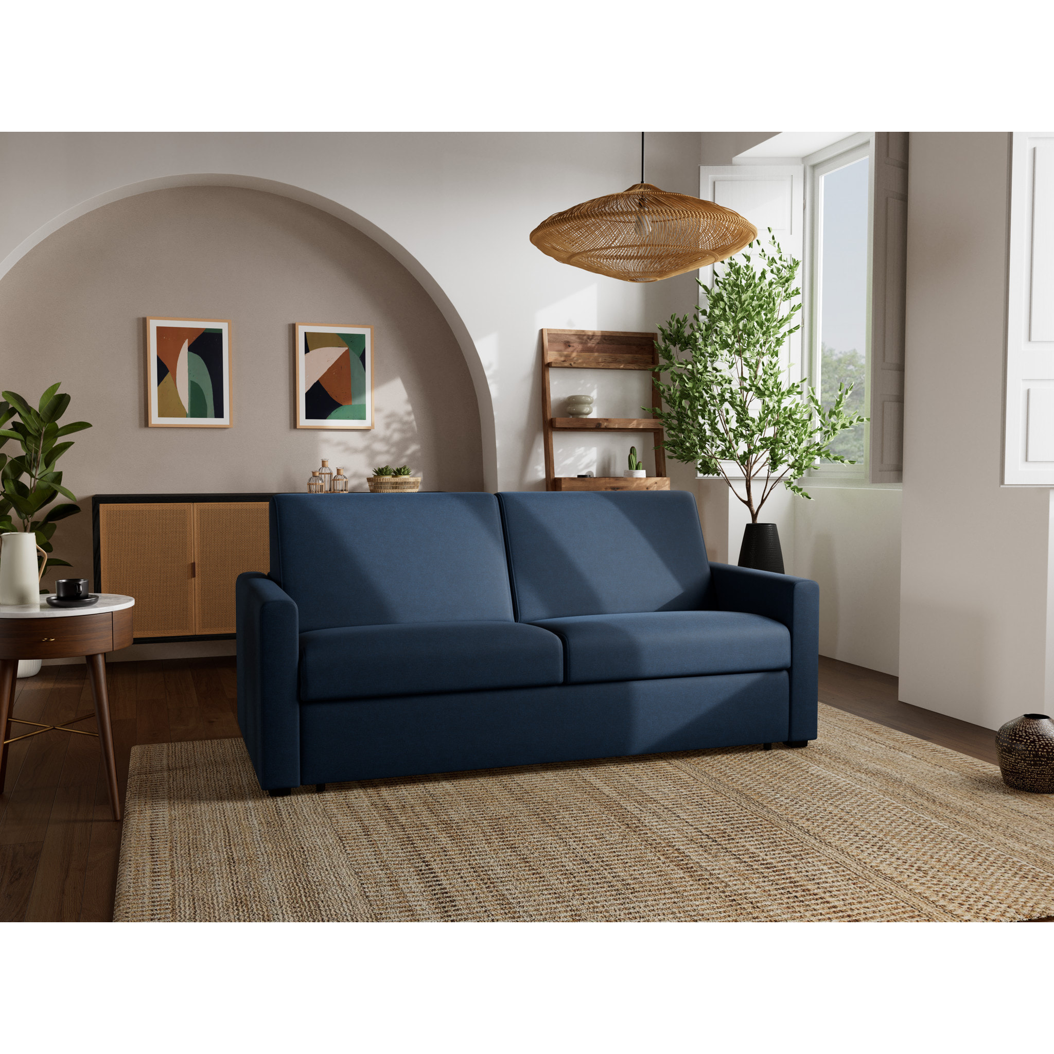 Julia - canapé 3 places convertible couchage quotidien matelas 14 cm en tissu - Bleu marine
