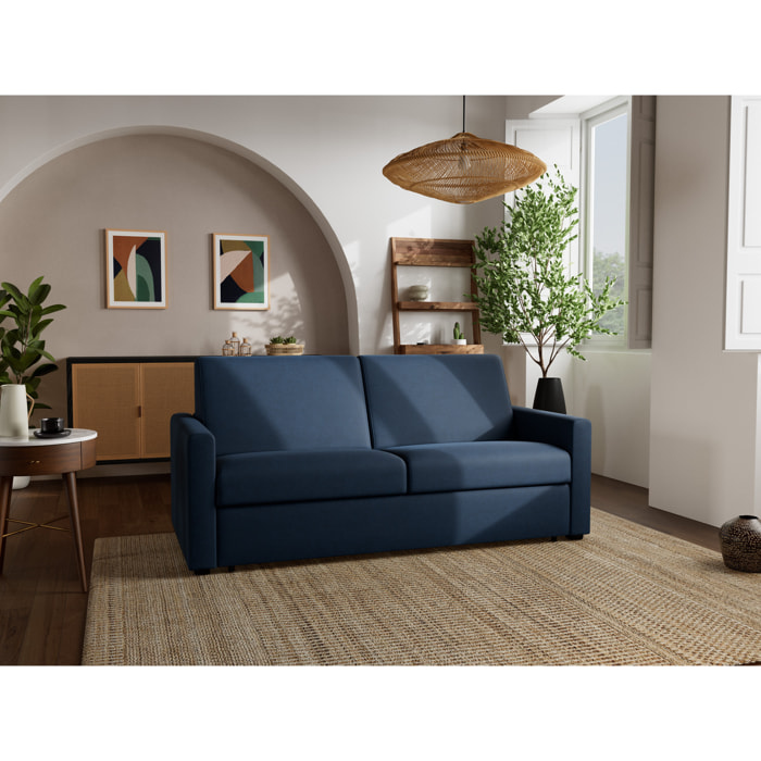 Julia - canapé 3 places convertible couchage quotidien matelas 14 cm en tissu - Bleu marine