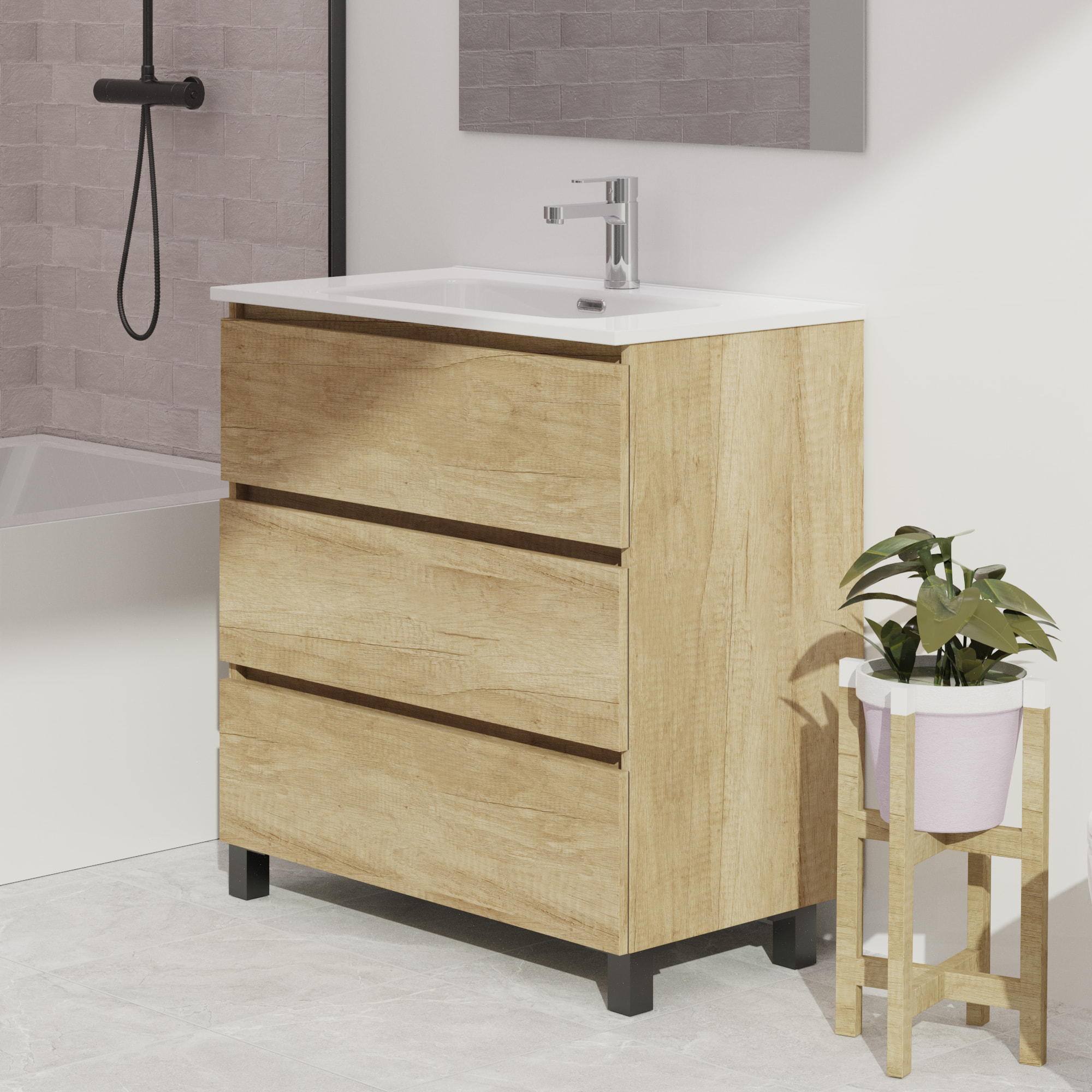 Conjunto de baño Wink | 80 cm Nature | Tres cajones | Lavabo encastrado | No incluye espejo | Mueble montado | Alday