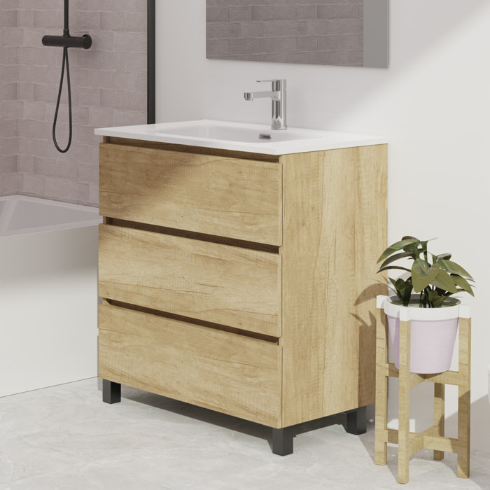Conjunto de baño Wink | 80 cm Nature | Tres cajones | Lavabo encastrado | No incluye espejo | Mueble montado | Alday