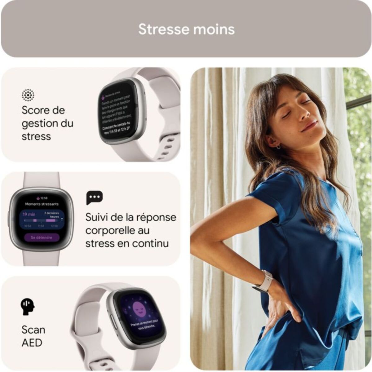 Montre santé FITBIT Sense 2 Aluminium Platine et Blanc