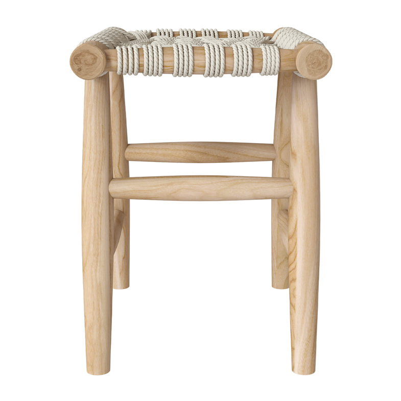 Tabouret tressé blanc en macramé et branche de teck - Kira