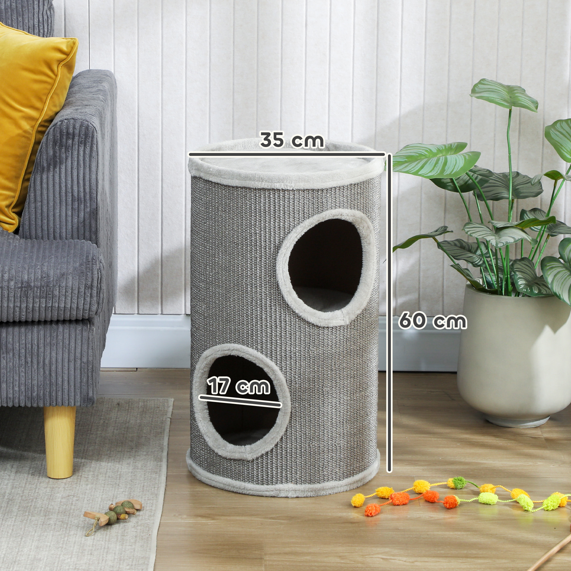Arbre à chat cylindrique - tour à griffer pour chat - tonneau griffoir - 2 niches + plateforme - sisal peluche gris