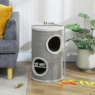 Arbre à chat cylindrique - tour à griffer pour chat - tonneau griffoir - 2 niches + plateforme - sisal peluche gris