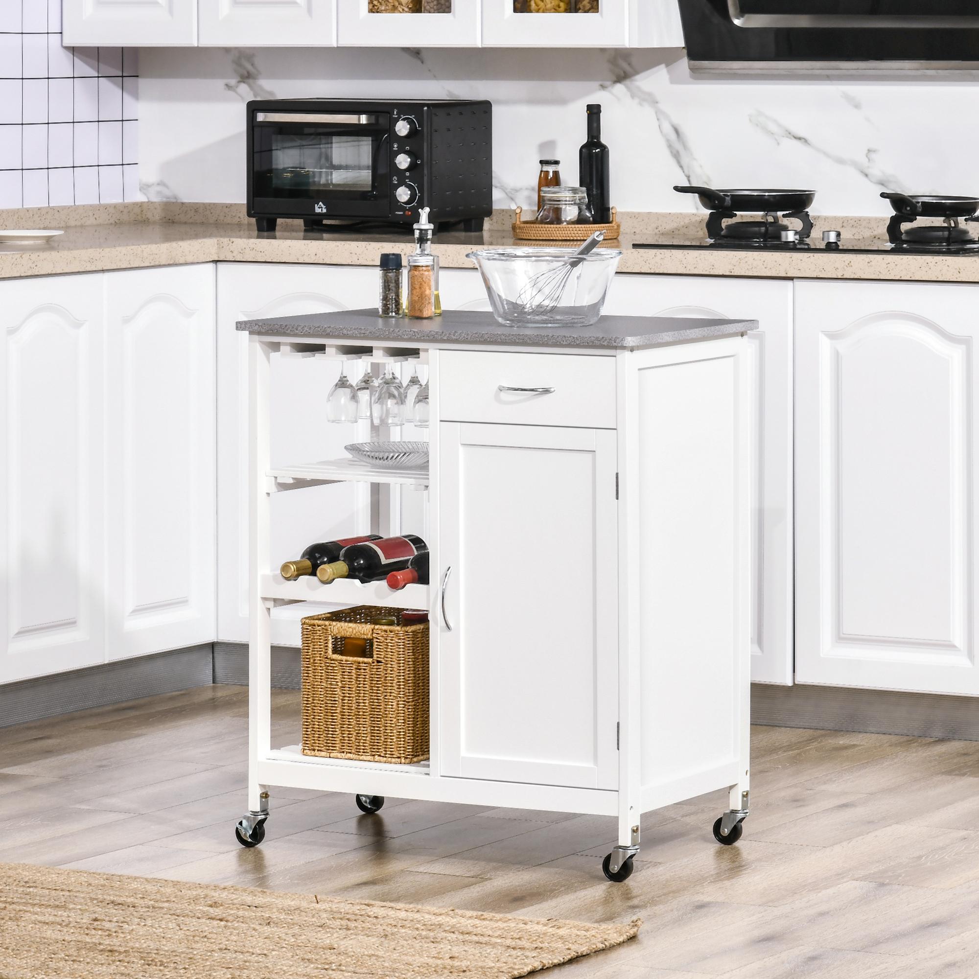 Carro de Cocina con Ruedas Carrito de Servicio con 1 Cajón Estantes Extraíbles Botellero para 4 Botellas y Armario para Comedor Salón Carga 40 kg 76x48x88 cm Blanco