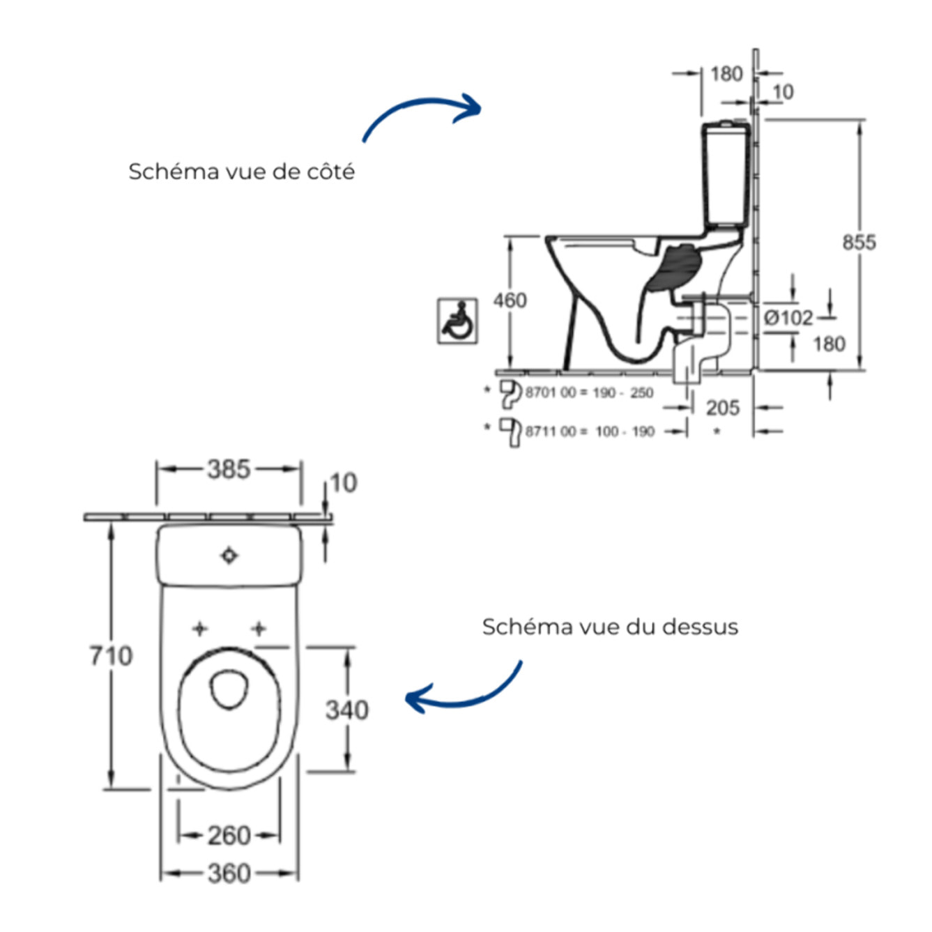 WC à poser sans bride surélevé sortie horizontale VILLEROY & BOCH ViCare avec abattant