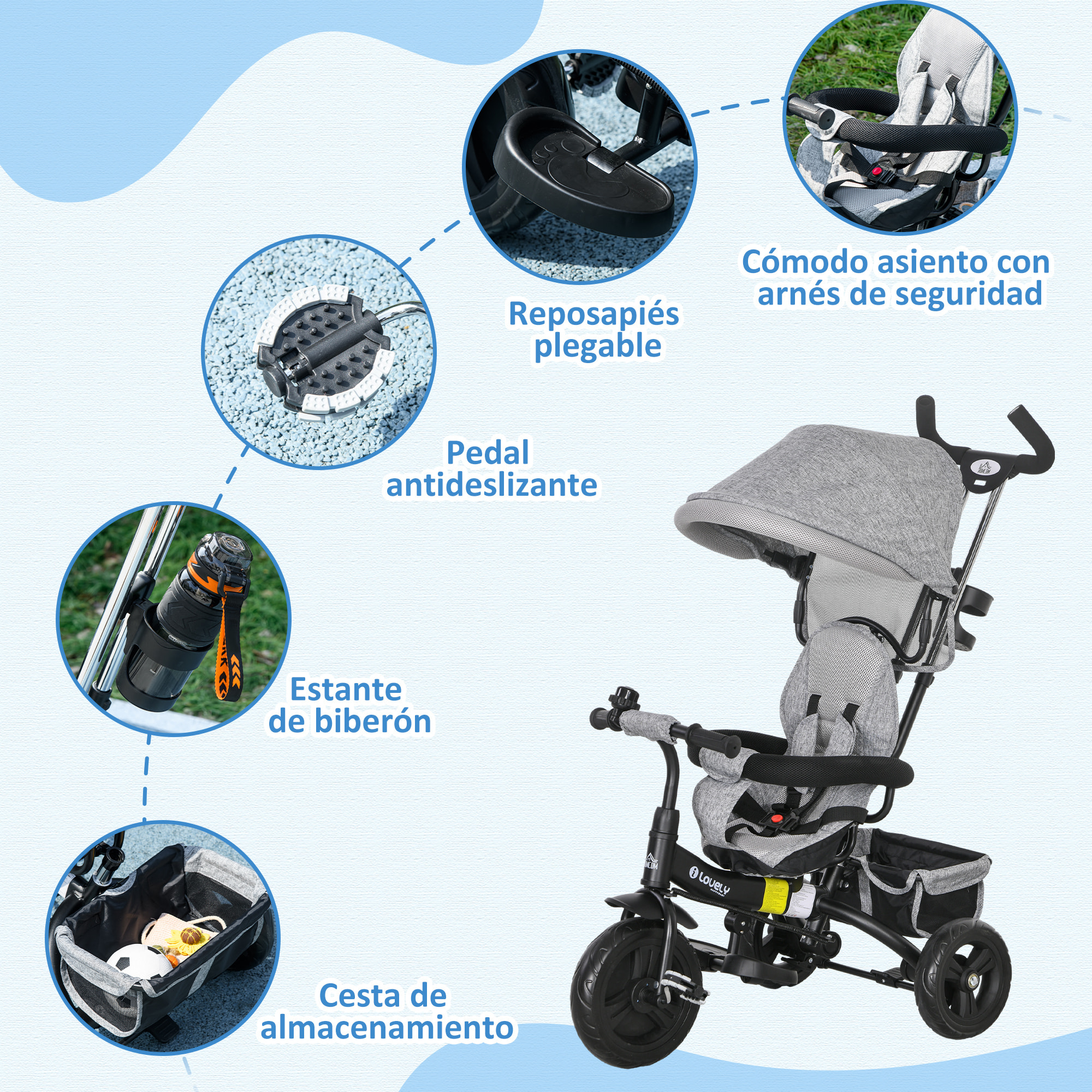 Triciclo Evolutivo para Bebés 6 en 1 Triciclo para Niños de 1-5 Años Bicicleta para Niños con Toldo Plegable Mango Telescópico Desmontable Cinturón de Seguridad y Cesto 95x50x106 cm Gris
