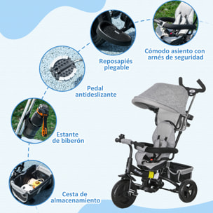 Triciclo Evolutivo para Bebés 6 en 1 Triciclo para Niños de 1-5 Años Bicicleta para Niños con Toldo Plegable Mango Telescópico Desmontable Cinturón de Seguridad y Cesto 95x50x106 cm Gris