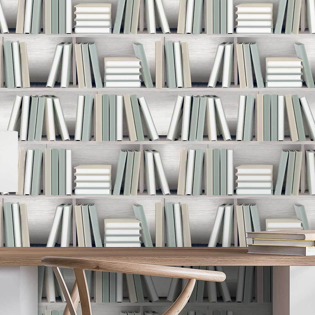 Papier peint étagère livres pastel moderne
