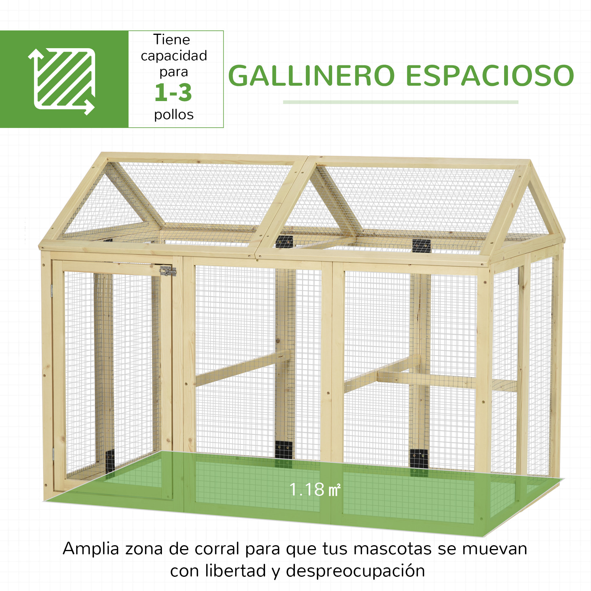Gallinero para Exterior, 140x88,5x106 cm, Gallinero de Madera para 1-3 Gallinas con 3 Perchas y 2 Puertas con Cierre, para Gallinas, Conejos, Patos, Madera Natural