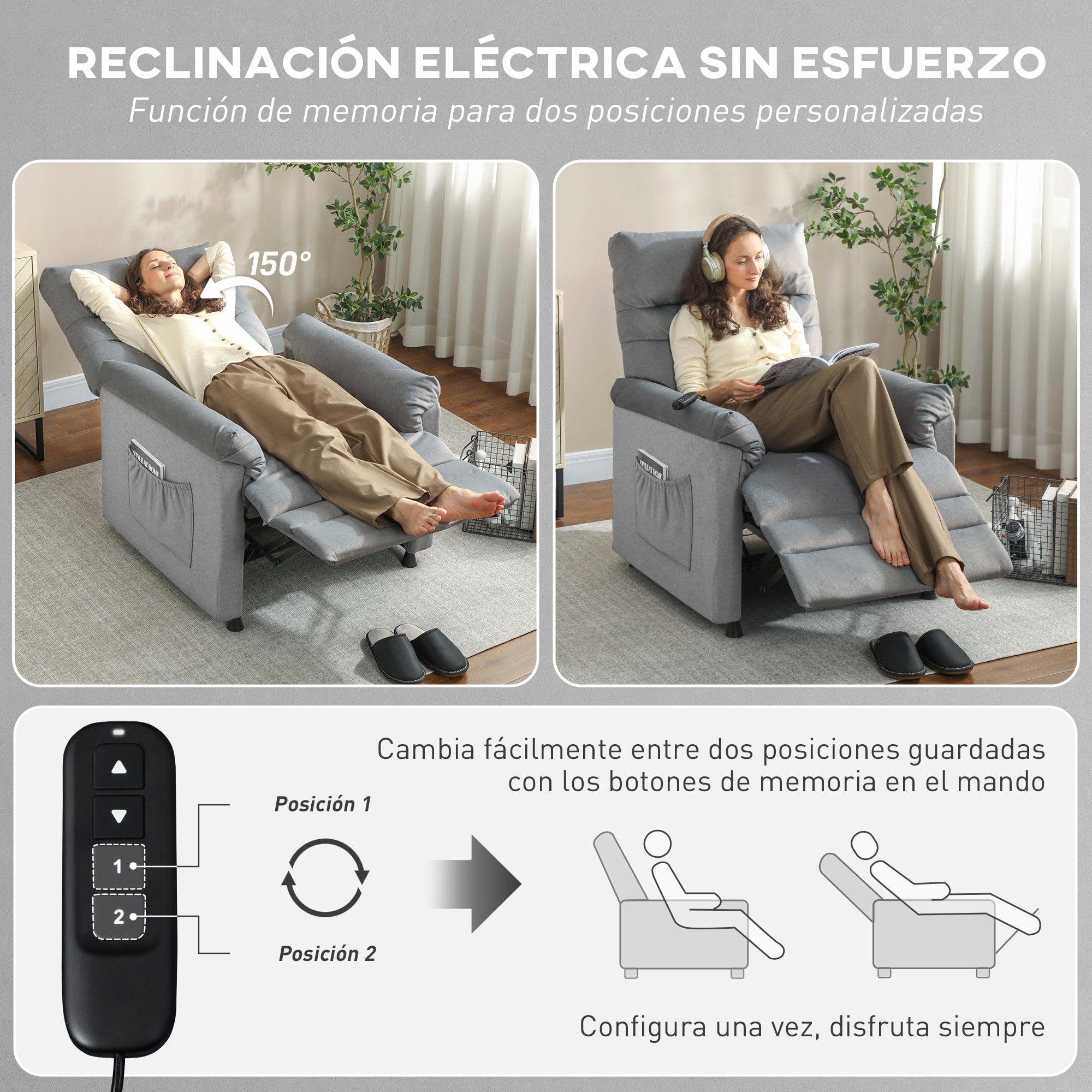 Sillón Relax Reclinable Eléctrico, con Calor Lumbar y Masaje Vibración, Sillón Masaje Relax, Motor Silencioso, Función de Memoria, Bolsillos, Control Remoto con USB, Tejido Pet-friendly, Gris