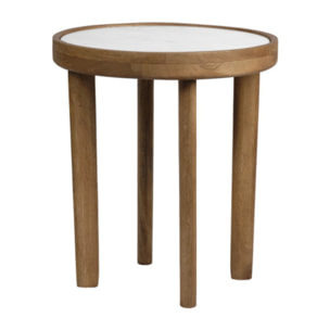 Table basse ronde 40 cm en marbre blanc et bois de manguier - MAYA