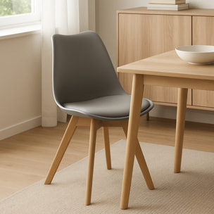 Set di 4 sedie WYNWOOD in polipropilene grigio, cuscino ecopelle, gambe in legno di faggio, 47x52x82 cm