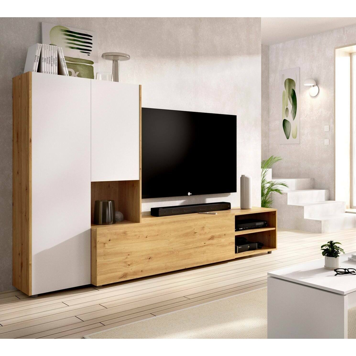 Parete attrezzata Ainos, Set da soggiorno porta TV, Mobile salotto multiuso, 227x40h141 cm, Rovere Nodi e Bianco