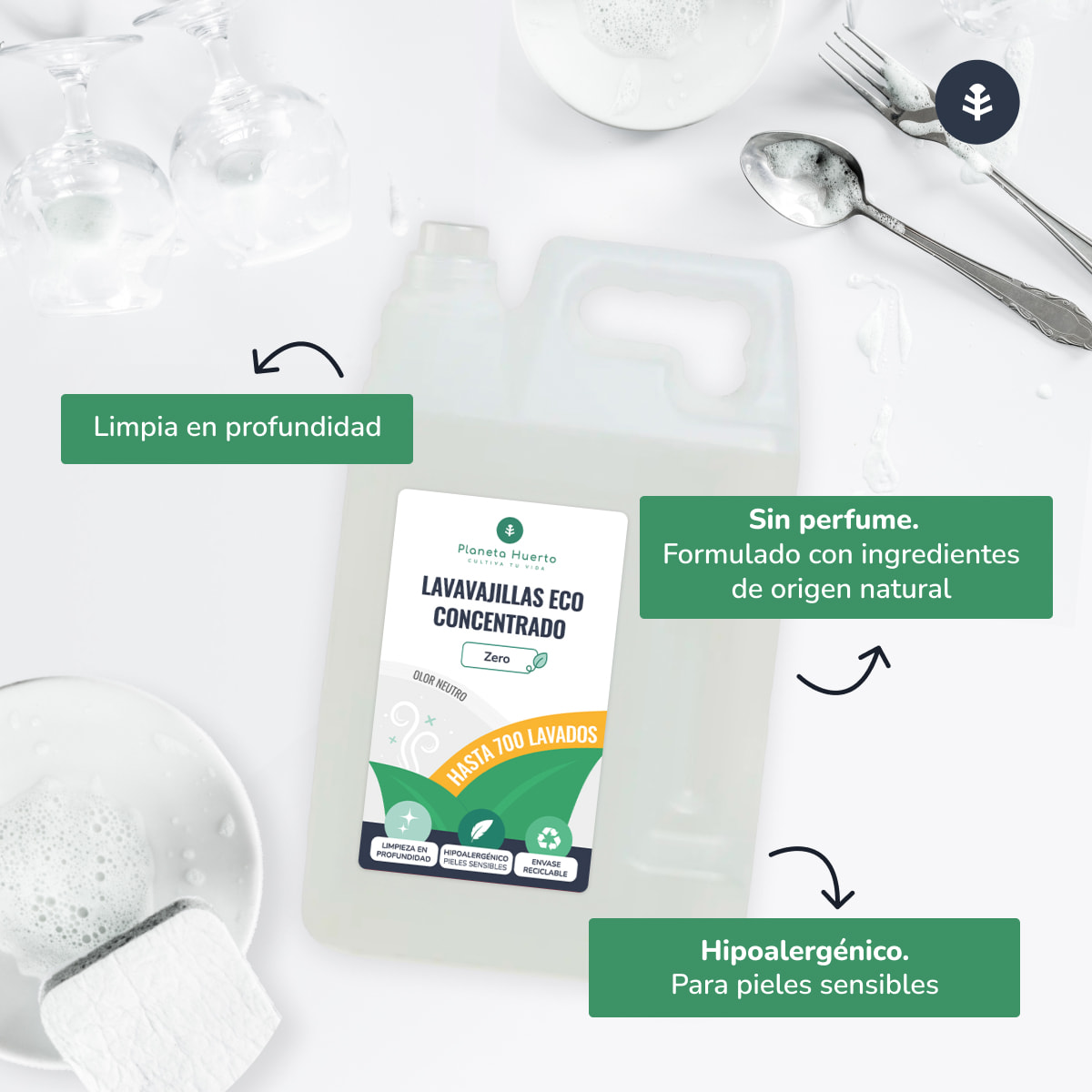 PLANETA HUERTO | Lavavajillas Manual Hipoalergénico Sin Perfume Eco 5L - Limpieza Ecológica y Suave para Todo Tipo de Utensilios