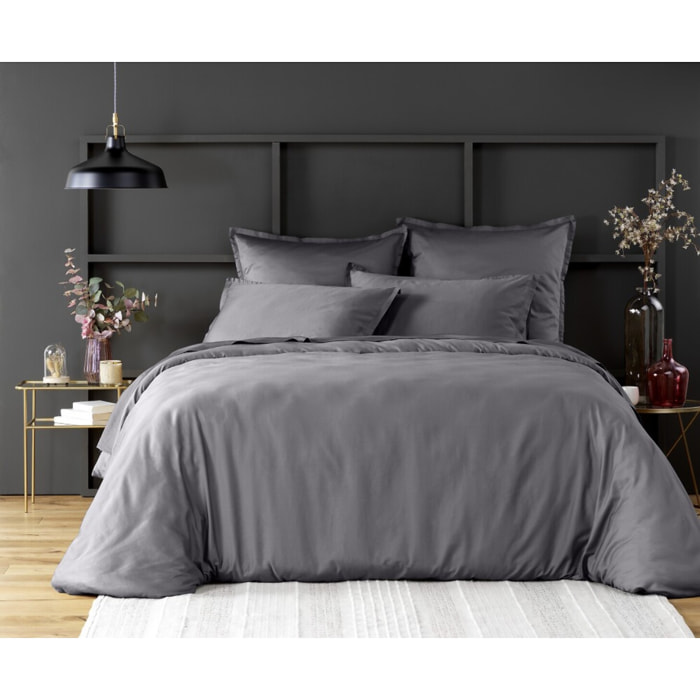 Housse De Couette 100% Satin de Coton lavé 105 Fils Gris Fonce